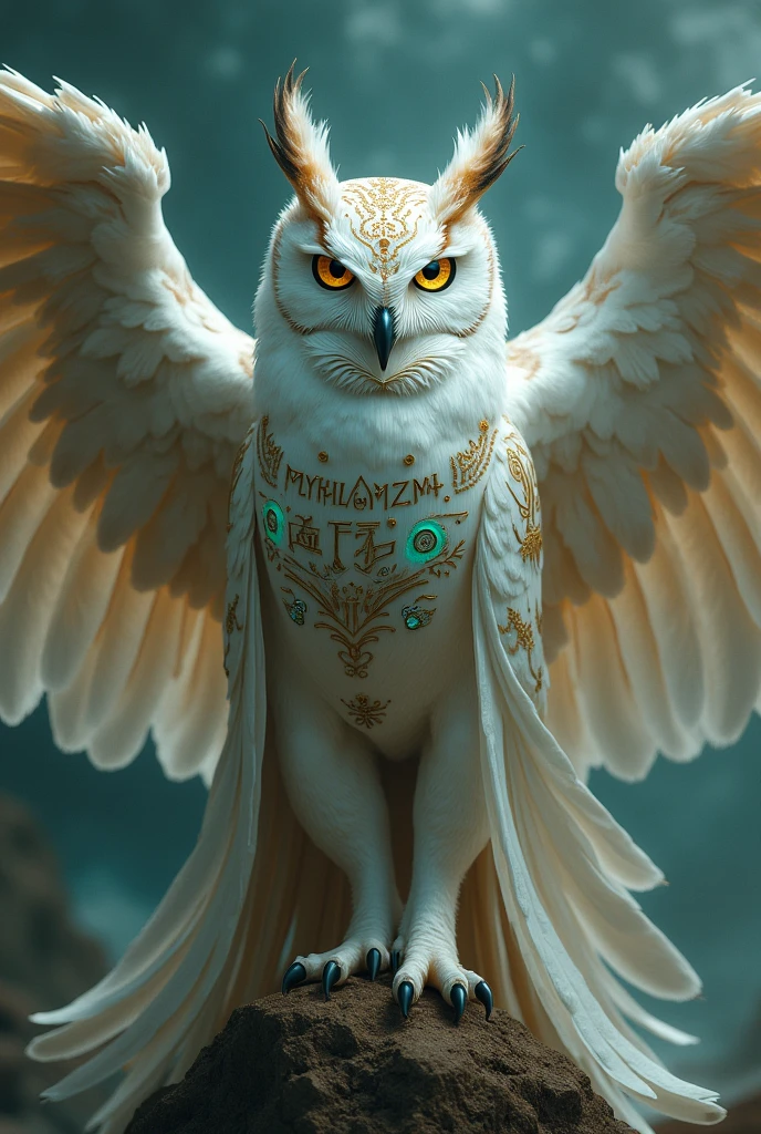 White and brown owl tears shroud with wings open, completely turquoise blue eyes with no pupils, golden writings in Sumeric on his body