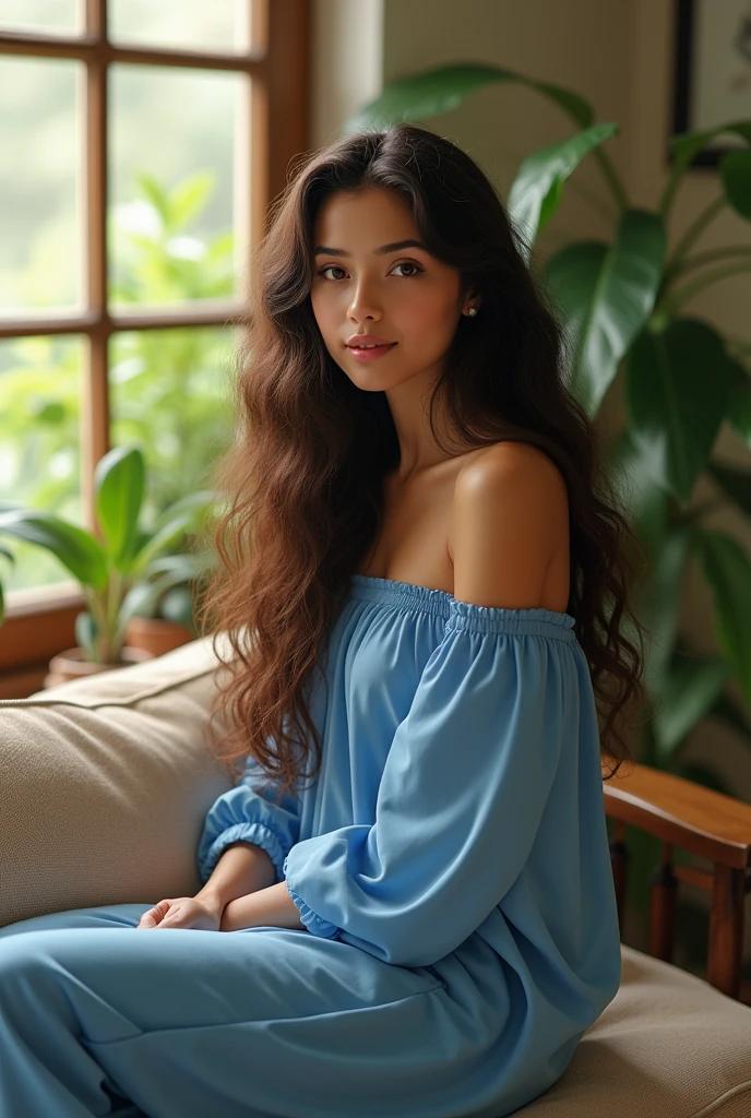 (photorealism:1.2), beautiful woman Indonesian Muslim  sitting on bed, make it Hijab Color Blue ,wearing loose off-shoulder top, pajama pants, long curly hair, indoors, soft lighting, plants in background, window with sunlight, cozy room, relaxed pose, realistic, intricate details, warm colors, by Greg Rutkowski, by Alphonse Mucha