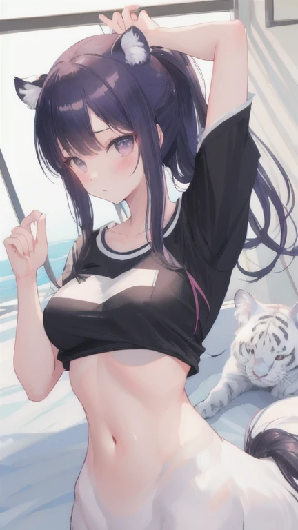 (best quality, masterpiece), 1 girl, centaur, I beg, White skin, Japanese schoolgirl,daughter,black pink, exposing the abdomen, belly button t-shirt , Beautiful girl perfect white tiger photo, Perfect Athlete Photo