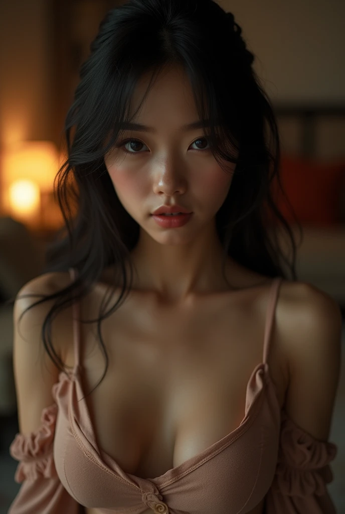 Living room at night,Close-up of the cleavage of a fair-skinned young Japanese woman,full body images