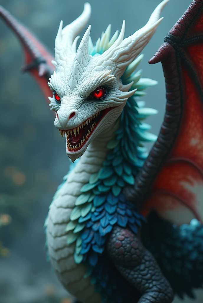 Dragon vampire with red eyes、His face is white, his teeth are jagged, and his feathers are water-colored.