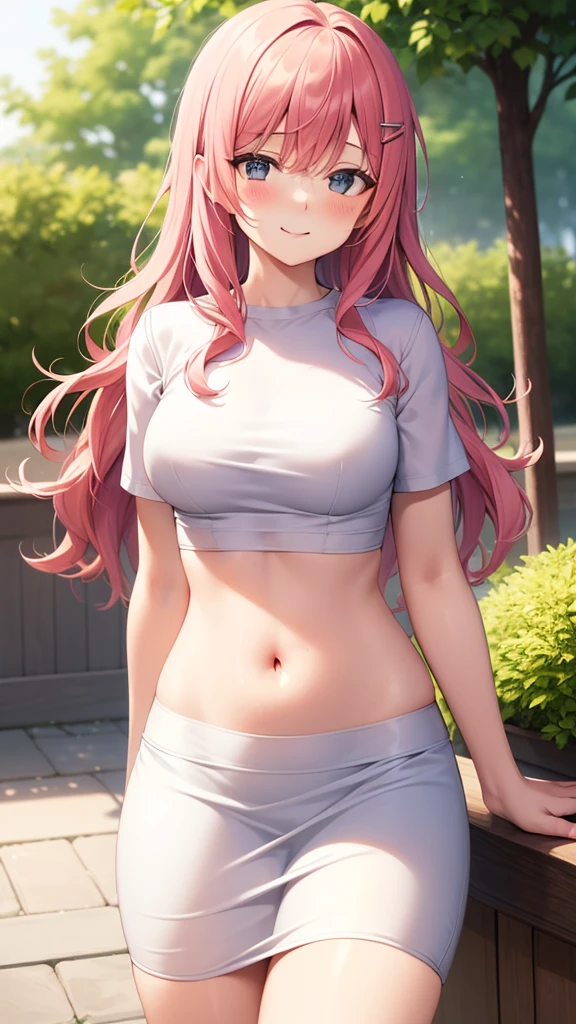 masterpiece, best quality, high detail, beautiful woman, shy, blush, nervous smile,  solo focus, long wavy hair, pink hair, (white t-shirt crop top form fitting), (black pencil skirt), hairpin, wide hips, midriff, belly button, naval, lower body, outdoors,