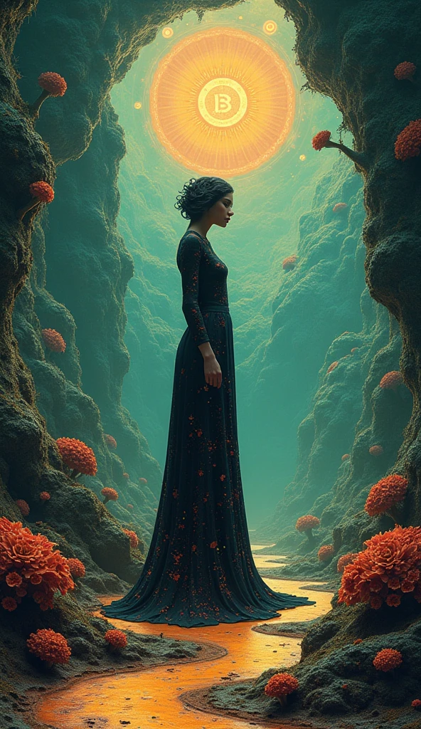 A surreal, dreamlike scene featuring a female character., Complex organic patterns and textures, bright colors, Mysterious symbols, ethereal light, A surreal mystery inspired by Leonora Carrington., Ernst Haeckel&#39;s Biological Model, Mysterious like Remedios Varo, Amazing landscape, Imaginative details, Expert Operations, Photo-like quality