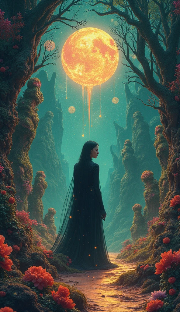 A surreal, dreamlike scene featuring a female character., Complex organic patterns and textures, bright colors, Mysterious symbols, ethereal light, A surreal mystery inspired by Leonora Carrington., Ernst Haeckel&#39;s Biological Model, Mysterious like Remedios Varo, Amazing landscape, Imaginative details, Expert Operations, Photo-like quality