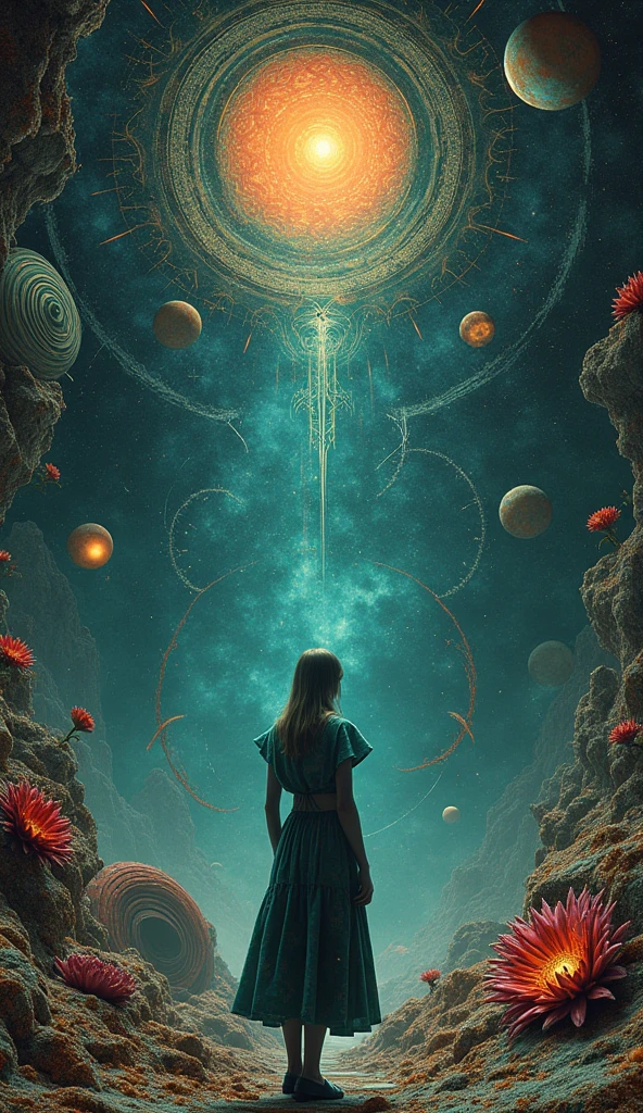 A surreal, dreamlike scene featuring a female character., Complex organic patterns and textures, bright colors, Mysterious symbols, ethereal light, A surreal mystery inspired by Leonora Carrington., Ernst Haeckel's Biological Model, Mysterious like Remedios Varo, Amazing landscape, Imaginative details, Expert Operations, Photo-like quality