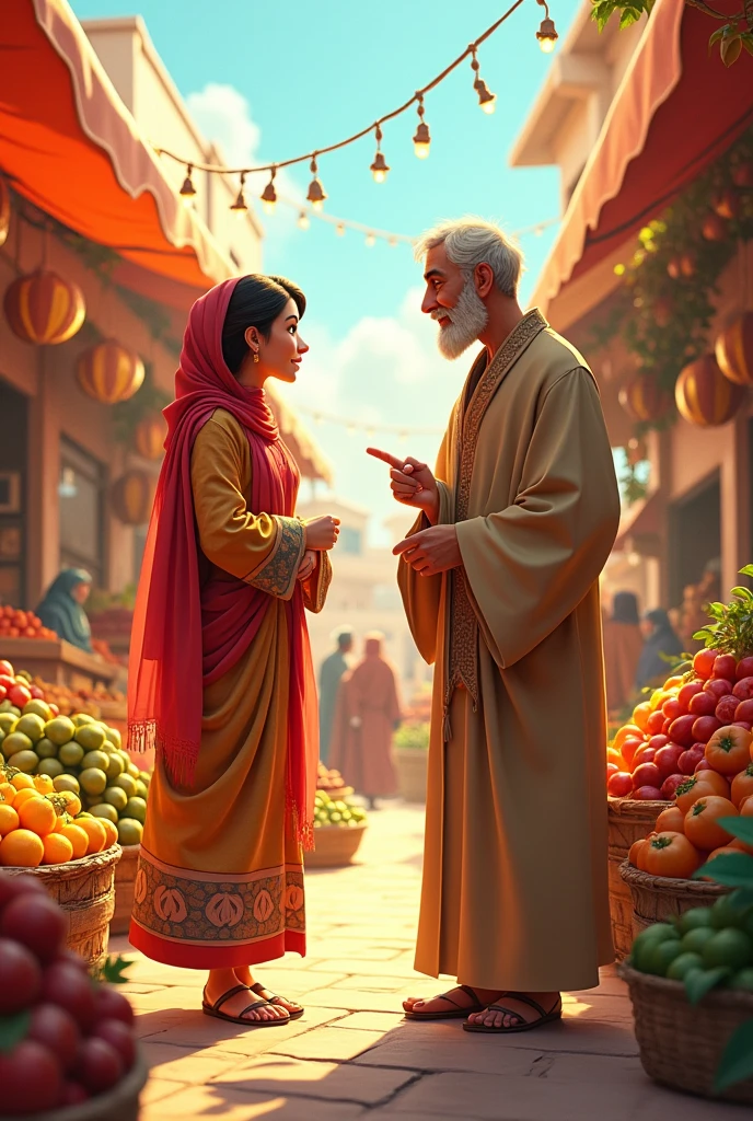 Maryam and Haji were talking in the fruit market. Generate in animated form