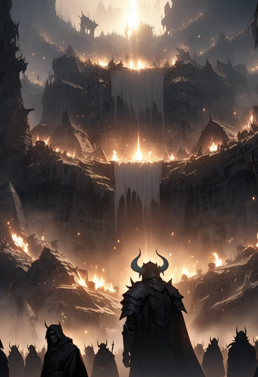 destroyed village, poor crowd in misery receiving divine light, blue skinned horned demons, dark medieval setting