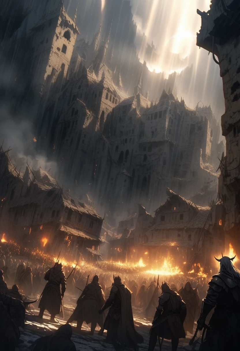 destroyed village, poor crowd in misery receiving divine light, blue skinned horned demons, dark medieval setting