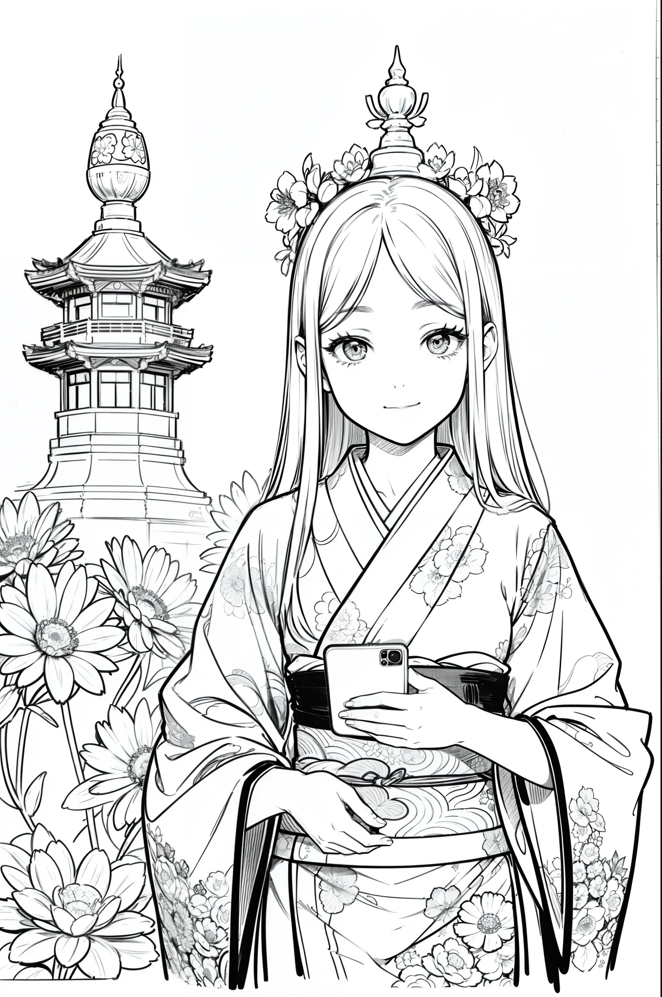 Masterpiece, top class, unique, cute, flower, line drawing background, white background, monochrome, line drawing, ((sketch)), creepy, white eyes, create a monochrome coloring book that even adults can easily do, a realistic and cute ukiyo-e of a girl wearing a kimono and smiling in front of a high wall with a picture of the Tallest Buddha, taking a selfie with a smartphone in one hand, conveying Japanese culture.