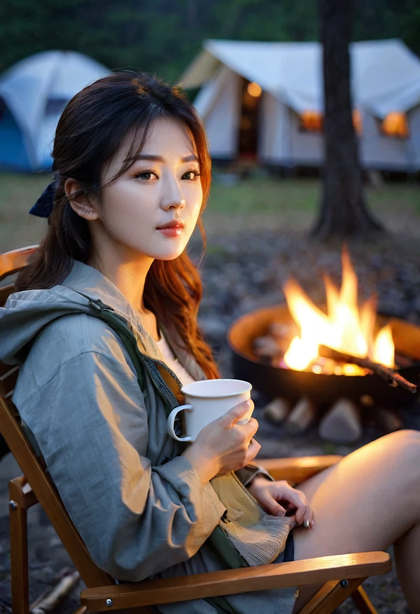 close up shot of beautiful korean female, 34 inch breasts size, wearing camping clothes, holding medium tea mug, sitting on camping chair, camp fire, in the dark evening, bokeh background, UHD