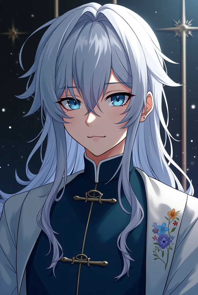 Anime style illustrations。A teenage boy with silver hair、Has long hair at the nape of the neck。Eye color is blue。Wearing Chinese-style men's clothing、A mole under the eye is characteristic.。In sophisticated style、Has a mysterious and cool vibe。