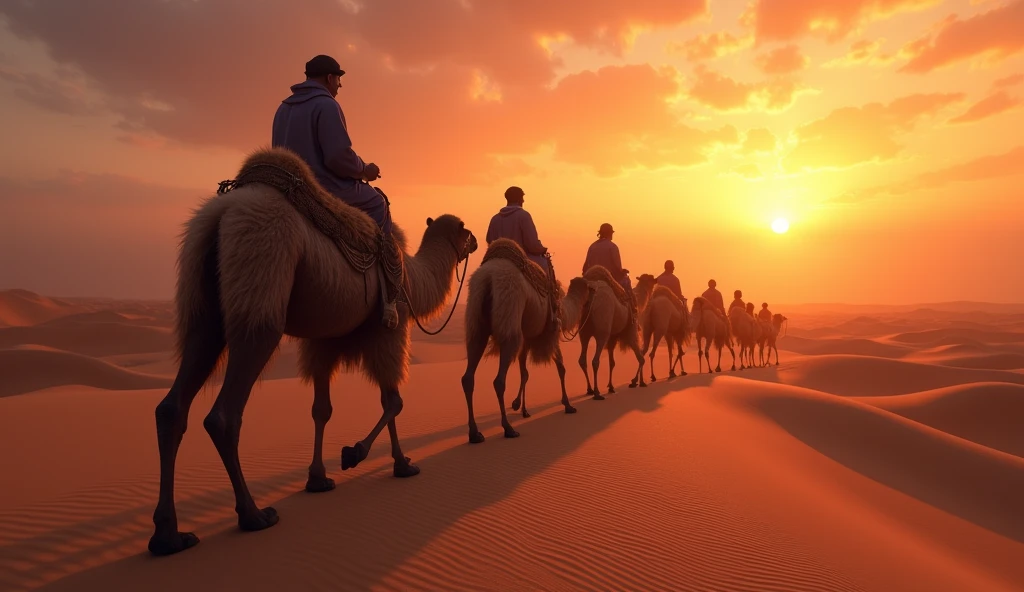 "Develop an ultra-realistic scene of a desert at dusk. Show the undulating dunes with an orange-red color, a dramatic sky with clouds and warm colors, and a caravan of camels crossing the arid landscape."