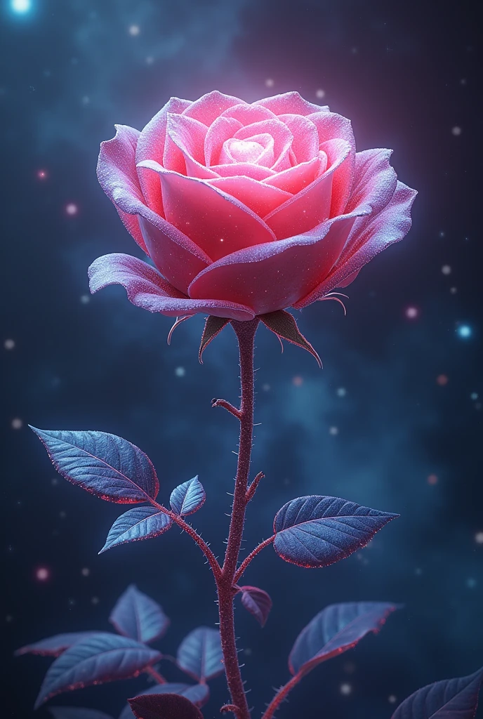 ral-exposure,neon,a (frozen:1.1) cosmic rose,made out of nebulae,the petals glitter with a crystalline shimmer,swirling nebulas,8k unreal engine photorealism,ethereal lighting,purple,nighttime,darkness,surreal art,