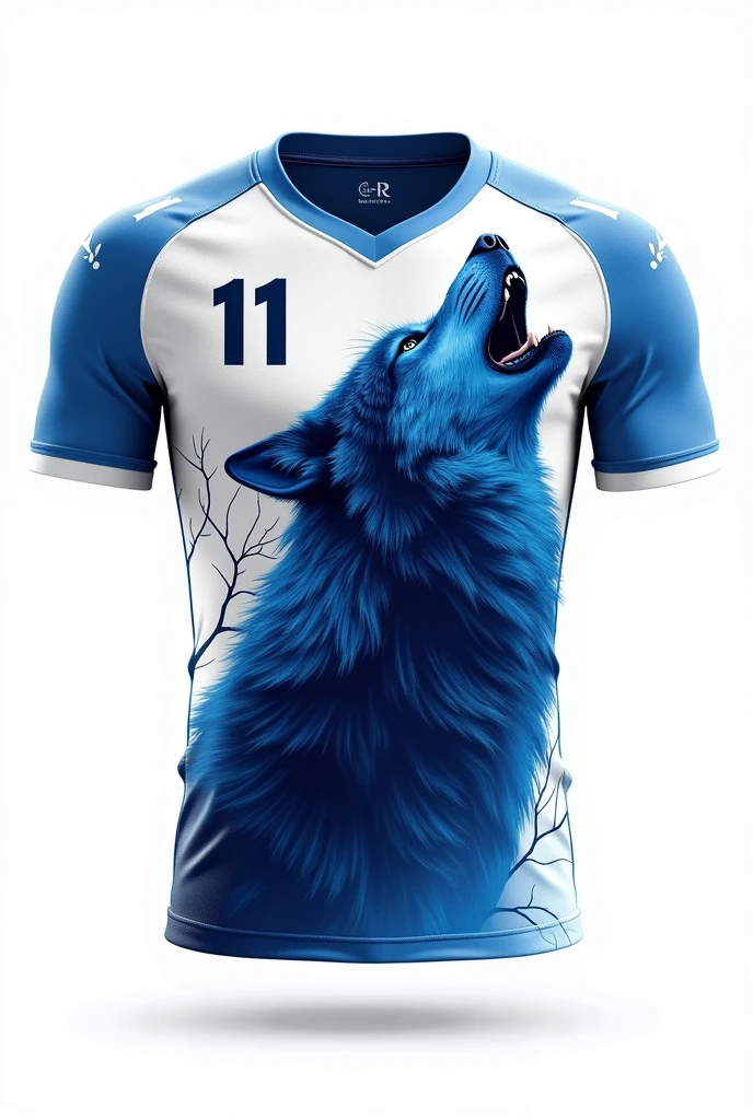 make a blue and white football shirt with a wolf and on the back with the number 11 and branches written on it