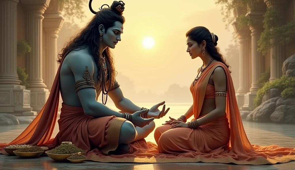 Bhgwan shiv with Parvati in seating position, teaching Parvati, Parvati coverd her full body with clothes, Parvati looks Indian female who wearing saree,