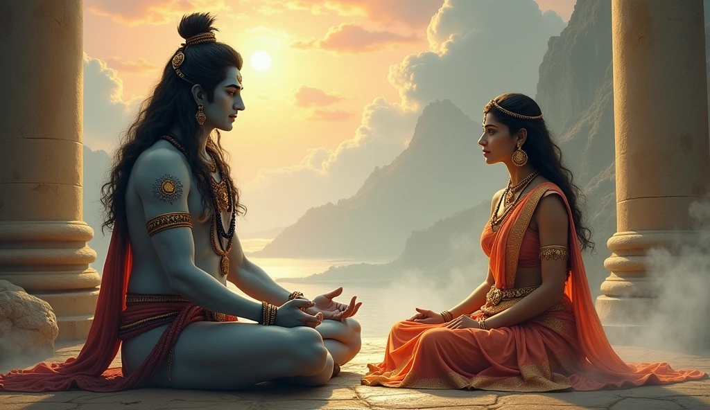 Bhgwan shiv with Parvati in seating position, teaching Parvati, Parvati coverd her full body with clothes, Parvati looks Indian female who wearing saree,