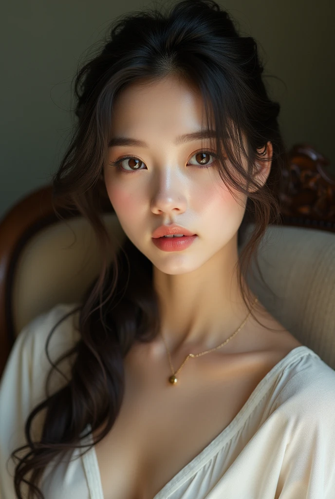 A girl beautiful face and charming face and soft cheek. Focus on the eye and lips . Background is sitting on the chair
