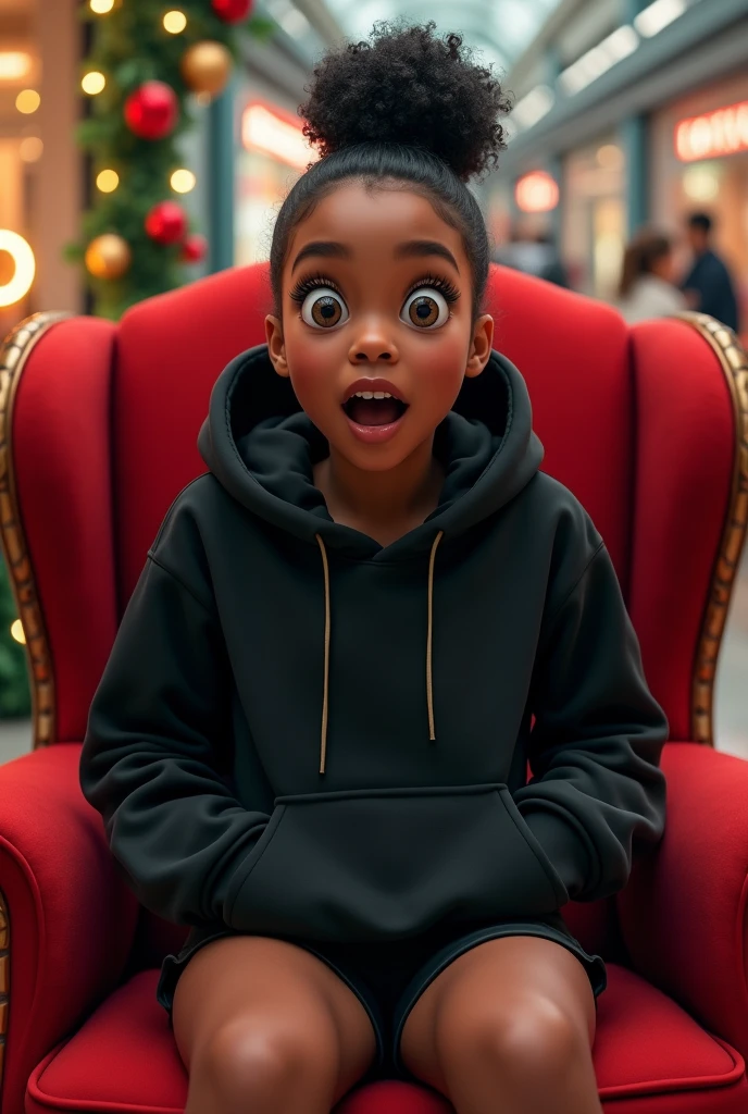 Black woman wearing leather short shorts and black hoodie hair in a bun setting on santas lap in the mall. The look on her face is eyes wide open and excited