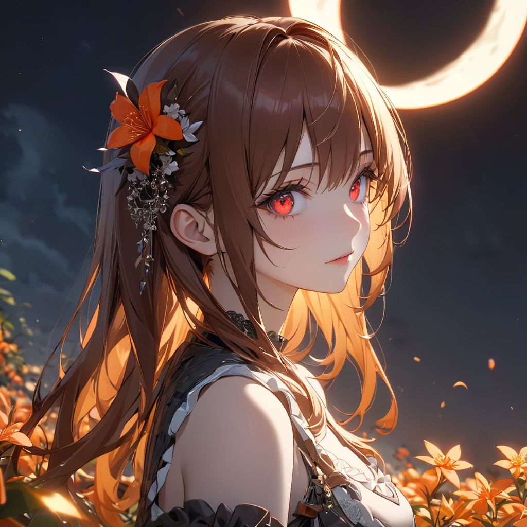 最high quality, wonderful_delicate, wonderful delicate eyes, Super detailed, beautiful, 8k , One girl, Red eyes, evil, Facial Contour,(Absurd, High resolution, Super detailed), masterpiece, The perfect solution, wonderfulディテール, Super Detailed, Dark Sky, Absolute darkness, eclipse, eclipse sky, Shining orange blossom, Cinema Lighting, Ray Tracing, Depth of written boundary, Cinema Lighting, Ray Tracing, 超High resolution, Attention to detail, 最high quality, High resolution, high quality, Awards, Super Detail, masterpiece, 8k, 超High resolution, Attention to detail, 最high quality, High resolution, high quality, Awards, Super Detail, masterpiece, 8k, Digital Art, Anime Coloring