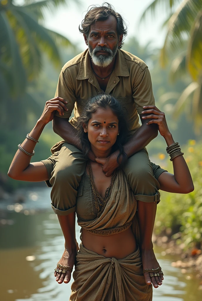 Beautiful Typical indian village ragpicker young woman carrying a large man on her head, man is sitting on her shoulders, nearby a river