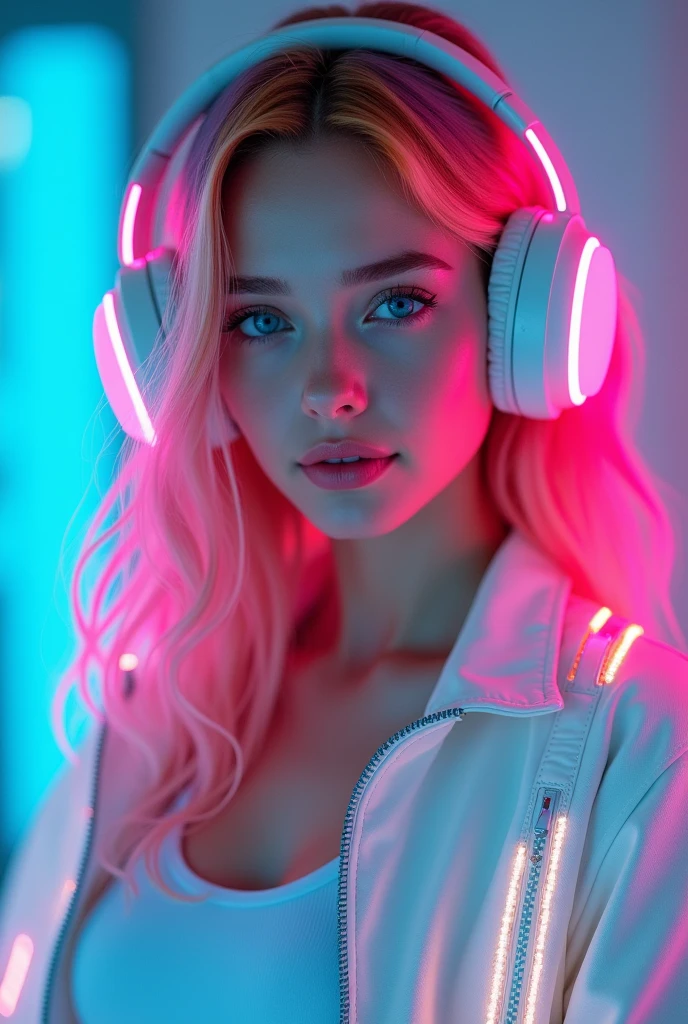 best quality, 8k.
beautiful young woman, long rainbow colored hair, blue colored eyes.
Uses a large headset with pink LED light.
She wears a white tank top and a white jacket with LED lights..
He looks directly at the camera with a confident and happy expression..
Centralize images.