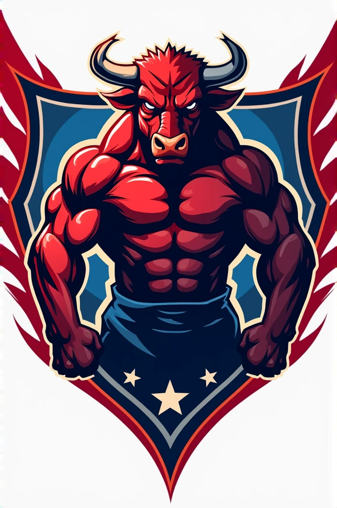 Create a mascot on the shield of a team with the colors red, white and blue, the mascot is a bull