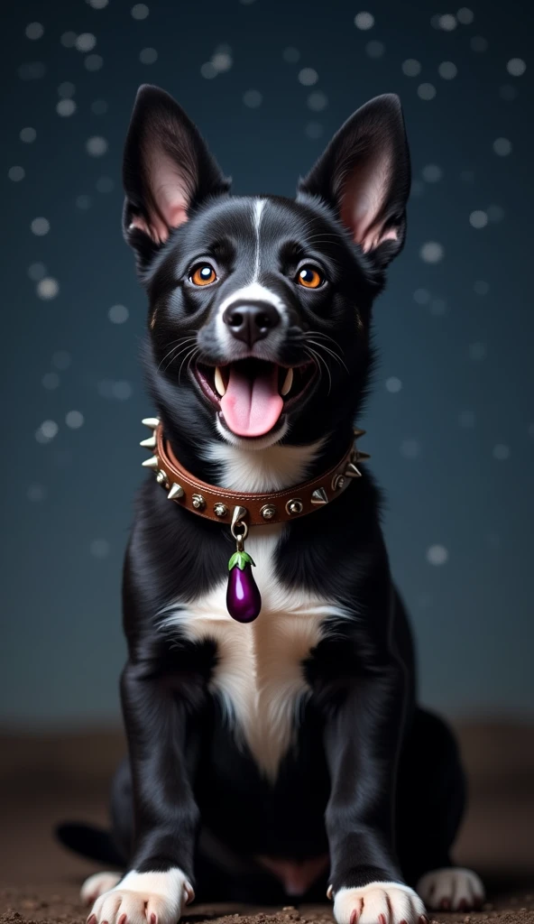 Masterpiece. 16K. UHD. High quality, Photorealism. Thematic background.
Cute happy Guard Puppy. Black puppy with a white stripe on his muzzle from forehead to mouth. Large white spot on his chest. White paws. Ears erect. Leather collar with spikes. A pendant in the form of a small eggplant hangs on the collar. Starry night. Guards agricultural machinery.
Stunning full-color design, sharp focus, studio shooting, intricate details, high detail, detailed anatomy. Hyperrealism.