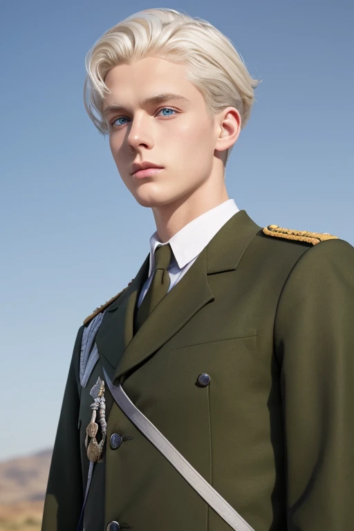 Beautiful white young man　Early 30s　The face is of Northern European descent and has deep features.　Blue Eyes　Her hair color is platinum blonde　Hairstyle is loose perm　The clothes are white military uniforms　Body type: slim and muscular　He is a tall man, standing at 2m tall.　Occupation: Military　The background is a battlefield