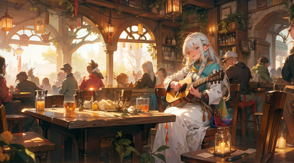 ((beautiful artwork)),((hyper super ultra detailed perfect piece)),
masterpiece:1.3, best quality:1.3, high quality:1.3, detailed, ultra detailed:1.3, hyper detailed:1.3, insanely detailed.1.2, exquisite, beautiful, FHD, Full-HD, 4K, 8K, 16K, highres, absurdres, super fine illustration,(perfect anatomy),(cinematic lighting),(hair dripping:1.2), (detailed hands and fingers:1.2),A lively fantasy tavern filled with diverse characters, featuring an elven female bard playing a lute, a dwarven blacksmith enjoying a drink at the bar, and an elven sage quietly reading at a nearby table. The tavern is warmly lit by lanterns and candles, with wooden tables and stone walls creating a cozy yet energetic atmosphere. The elven female bard is the center of attention, with a spotlight on her as she plays joyful music. The dwarven blacksmith is at the bar, laughing heartily with a large mug in hand, while the elven sage is seated at a quieter table, illuminated by a gentle light as they read a book. The scene captures the vibrant, welcoming spirit of a bustling fantasy tavern.