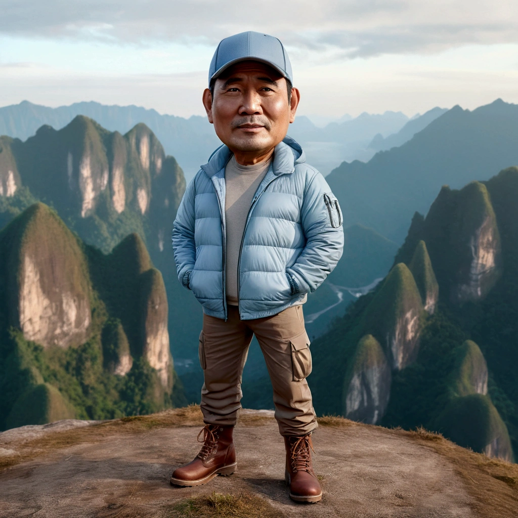 Realistic 4D caricature photo, big head, a middle-aged man with an Indonesian face, 50 years old,,clean face, round face,wearing a baseball cap, a light blue thick jacket, long cargo pants, brown boots, standing pose on a mountain peak, background holding a beautiful high cliff 