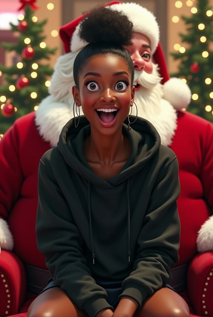 Black woman wearing leather short shorts and black hoodie hair in a bun setting on santas lap in the mall. The look on her face is eyes wide open and excited