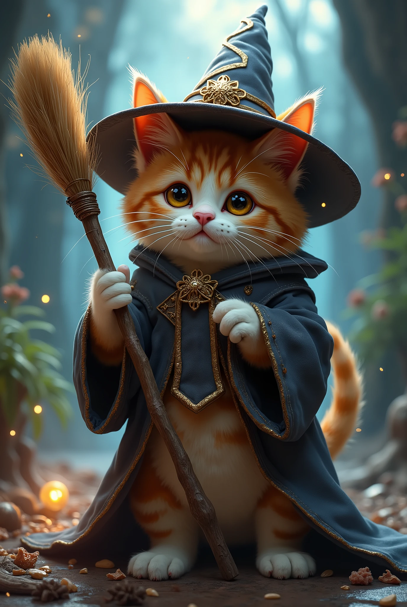 there is a cat dressed as a wizard holding a broom, wizard hat cinematic lighting, adorable digital painting, Fantasy art Behance, detailed digital art  , cat witch, super math wizard cat, highly detailed digital art in 4k, oil painting of cat witch, furry fantasy art, Illustrates??realistic fantasy, spell casting wizard, casting spells, cute digital art