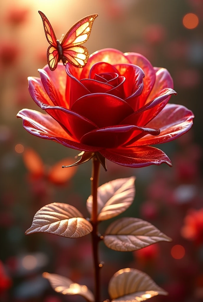 a beautiful transparent glass red rose with a exquisite fragile iridescent glass leafs, surrounded with butterflies, intricate details, masterpiece, award winning, rich, breathtaking, golden hour light, bokeh, atmospheric, ((close up))