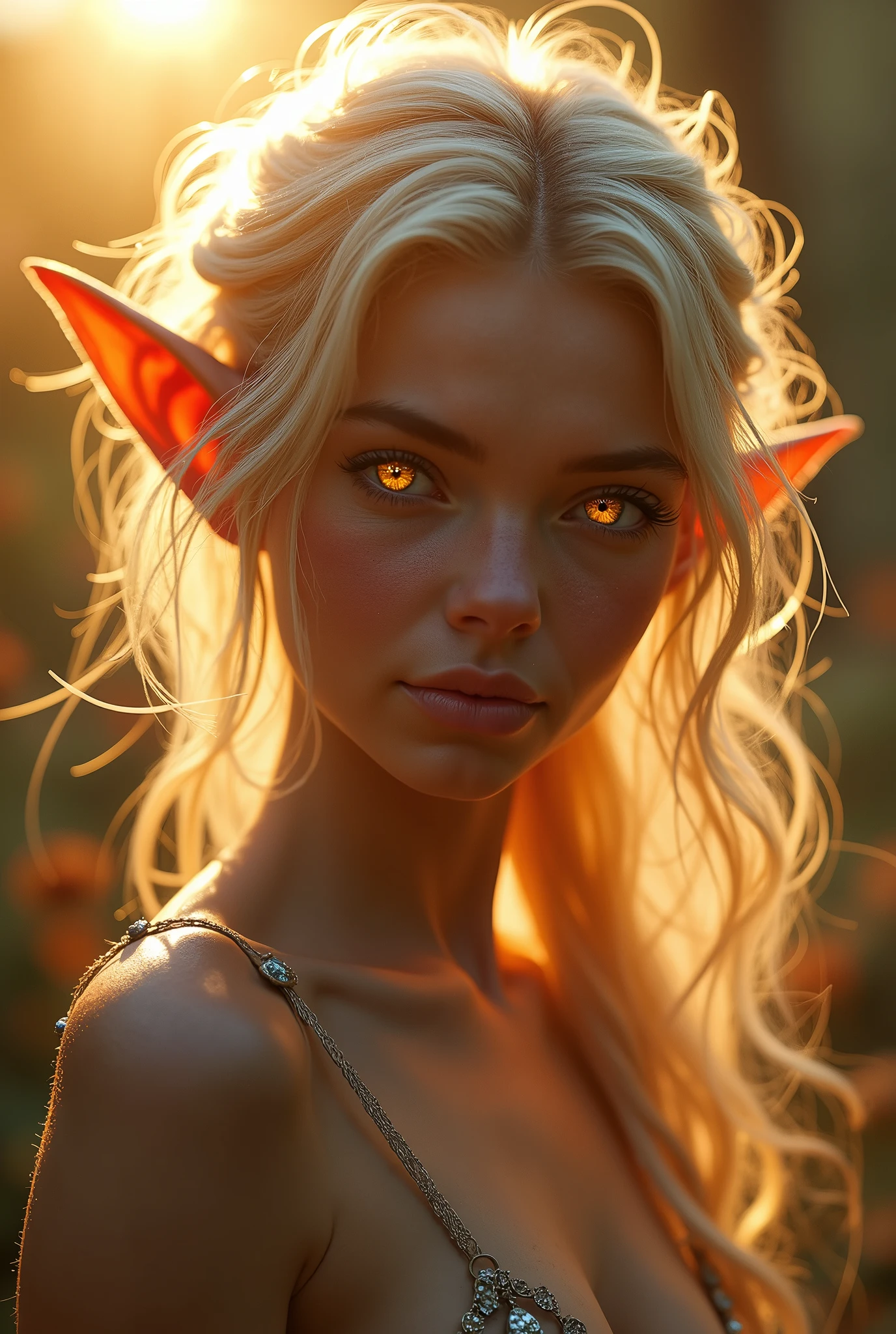 (Realystic:1.4), analog photo style, full body shot, A breathtaking elf, radiant with blonde hair, ultra-photorealistic, surreal, (masterpiece), messy hair, beautiful face, her delicate features illuminated by the soft glow of the setting sun, cinematic light, shy look to the camera, (((glowing orange eyes))), perfect anatomy, sunset, multicoloured smoke on background, dark fantasy atmosphere, deep shadows with the some sun rays, a delicate balance between reality and fantastic, faded colours, Masterpiece, most detailed blurred surreal background, naturally textured, 6k quality, ilford delta 400, film grain, bokeh.