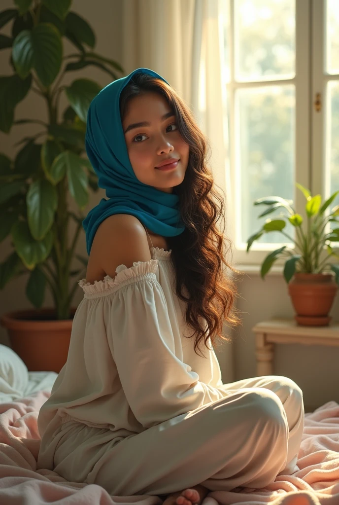 (photorealism:1.2), a young Muslim beautiful Indonesian sitting on bed, make it Hijab Color Blue ,wearing loose off-shoulder top, pajama pants, long curly hair, indoors, soft lighting, plants in background, window with sunlight, cozy room, relaxed pose, realistic, intricate details, warm colors, by Greg Rutkowski, by Alphonse Mucha