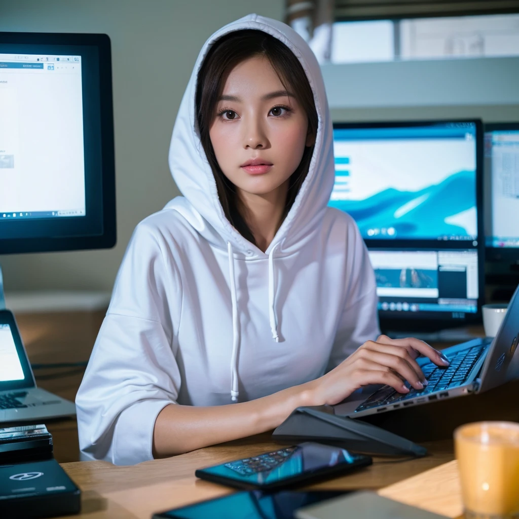 A pretty woman wearing a white t-shirt, white hoodie, and hooded cap, looking intently at her laptop screen in the picture(Beautiful realistic asian). A realistic portrait centered on a person, with the camera positioned slightly upwards at an angle based on the person&#39;s frontal view., Simple background, dark lighting, A look at the laptop, The light from the laptop screen illuminates your face, Emphasize big breasts. Draw the human body structure with natural arm length