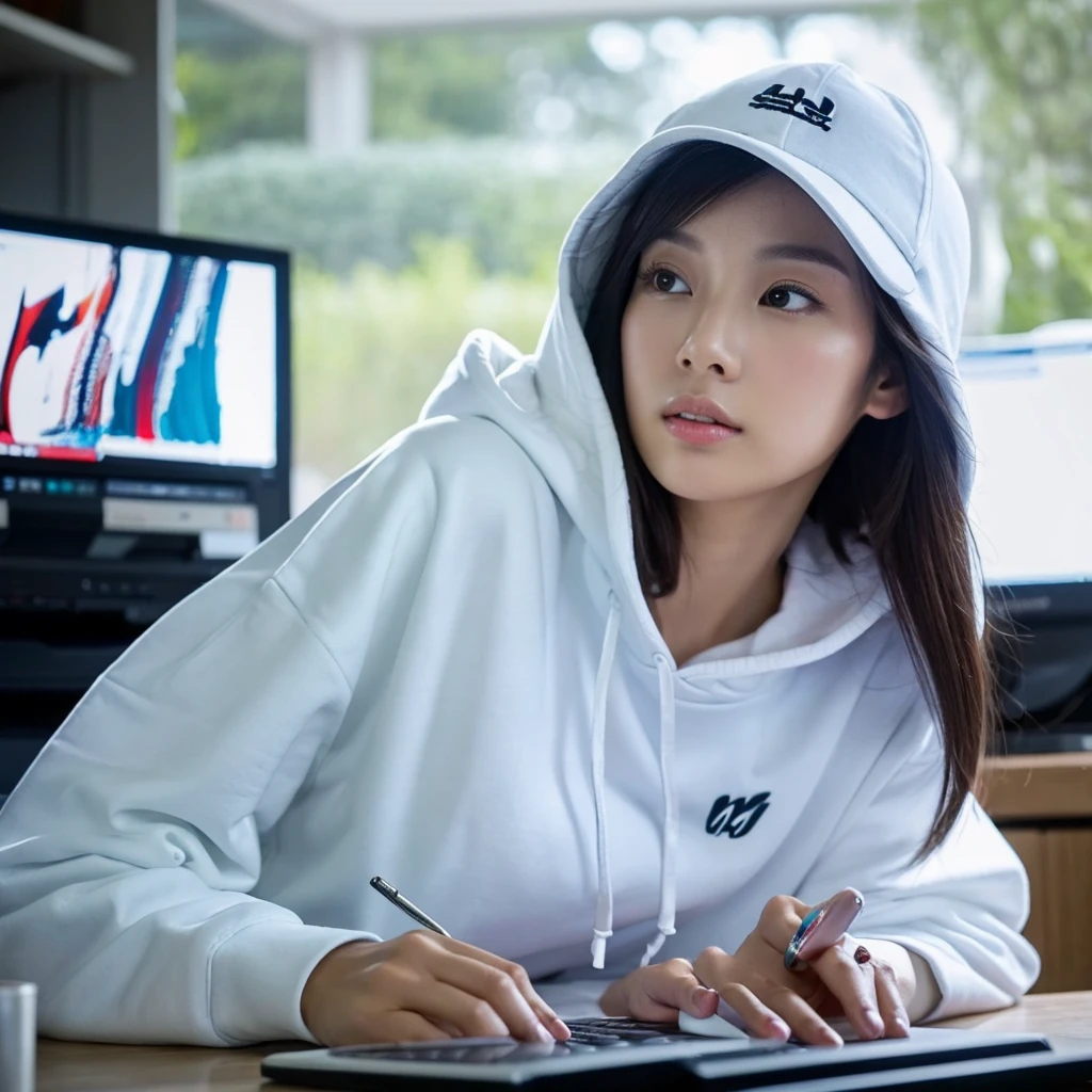 A pretty woman wearing a white t-shirt, white hoodie, and hooded cap, looking intently at her laptop screen in the picture(Beautiful realistic asian). A realistic portrait centered on a person, with the camera positioned slightly upwards at an angle based on the person's frontal view., Simple background, dark lighting, A look at the laptop, The light from the laptop screen illuminates your face, Emphasize big breasts. Draw the human body structure with natural arm length