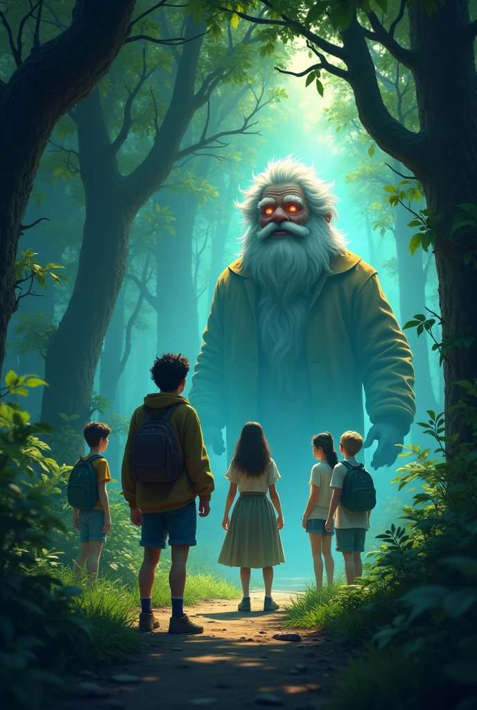 Generate a hight quality seen in cenematics 3d cartoon style The Strange Encounter
Visuals: In the heart of the forest, they hear strange sounds and suddenly encounter an old man with sparkling eyes. The atmosphere is tense but also slightly comedic, with the old man smiling mysteriously.
Prompt: "The 17 year children encounter a mysterious old man in the forest. He appears out of nowhere, adding suspense to the scene."
Scene