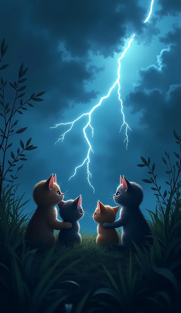 dramatic shot of a stormy night, with flashes of lightning)
Narrator: "On a stormy night, three tiny cartoonish kittens huddle together under a bush