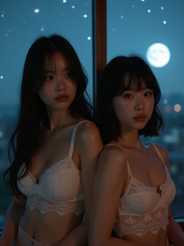 real photograph:1.4, (Top image quality, 8k, masterpiece), top-quality, 超A high resolution,2 Japan Girls,ld, pretty face, multicolored lace bra, kawaii faces, Melancholy look, double eyelid、White breasts: 1.4、long hair and Bob hair、night modern room、window, Twinkling starry sky and big moon, Movie Lighting, Photorealsitic, real looking skin, NFSW, 35mm, Shot with Leica,