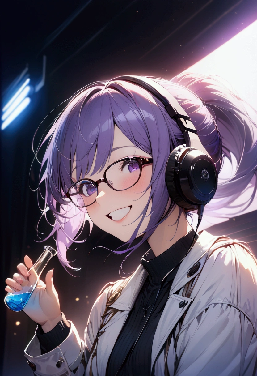 Purple hair color,ponytail,woman,Wearing a white coat,Have a flask,Glasses,Cinema Lighting, (masterpiece:1.2), 最high quality, high quality, High resolution, (Super detailed), Detailed Background, One person,headphone,smile,Light background,indoor,Have fun and laugh,