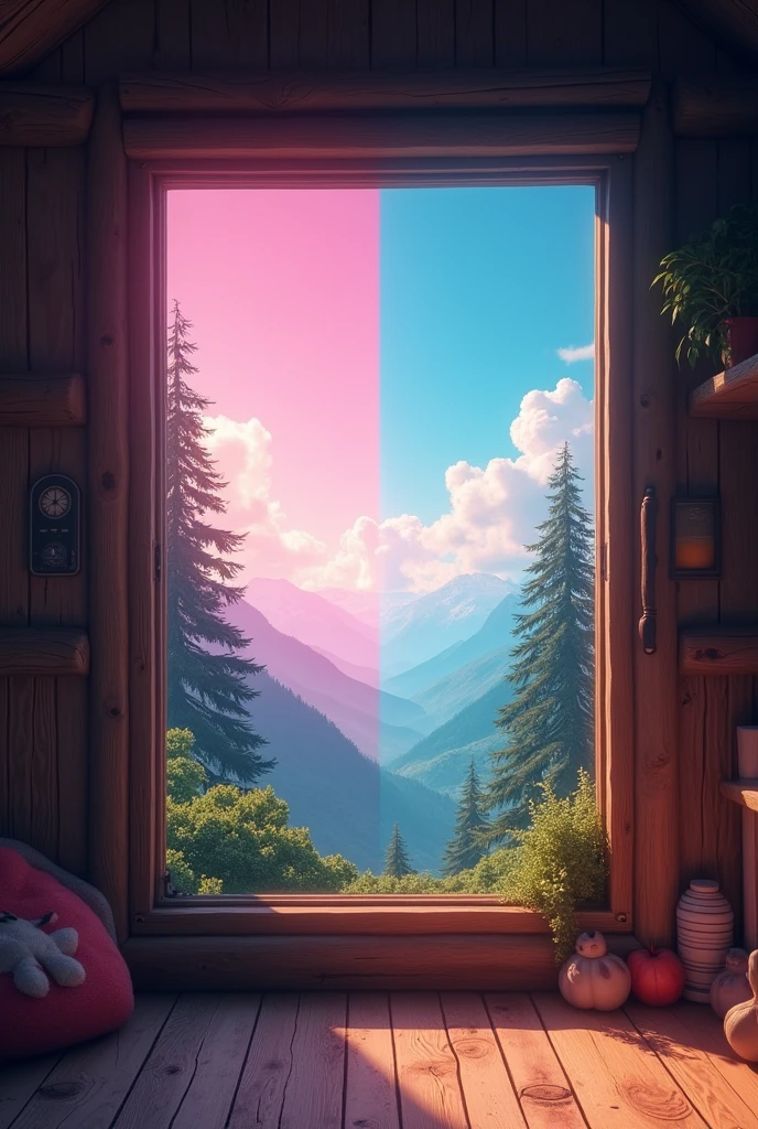 Create a view from inside a modest cabin in a fantasy world, with a division of pink sky and bright cyan sky