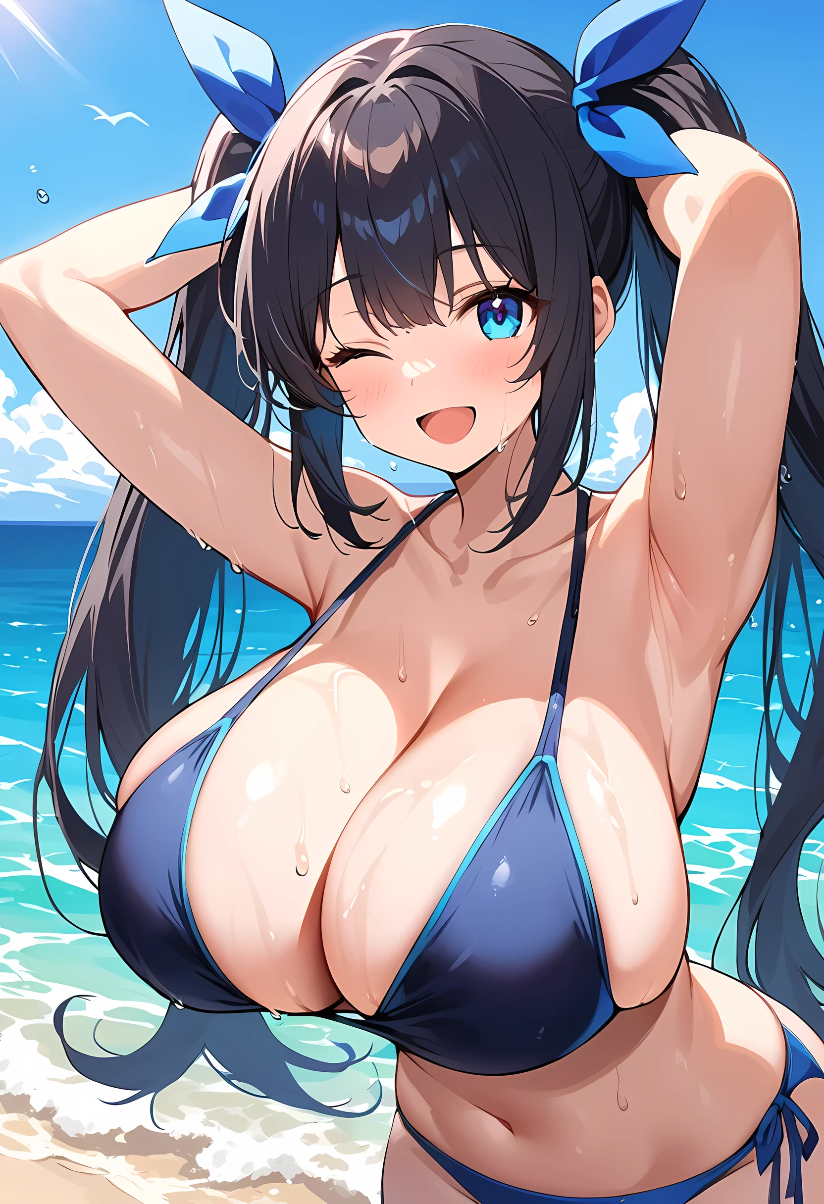 Chomiku Plus Style, blue eyes,  Raise the hand, smile, blue null, Wet, Ocean, Twin tails, Black Hair, leaf, One girl, Outdoor, blue ribbon, Open your mouth, Close one eye, Beach, Skin Dentition, ribbon, Underarm, alone, Day, Huge breasts, Put your arms behind your head, Long Hair, Swimwear, bikini, hair ribbon, null