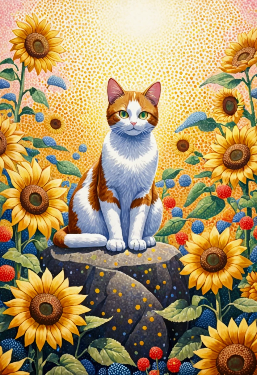A painting of a cat sitting on a rock surrounded by flowers, There are many points on it, a pointillism painting, saturated pointillism,Juster Battle, Cute cat in sunflower field,