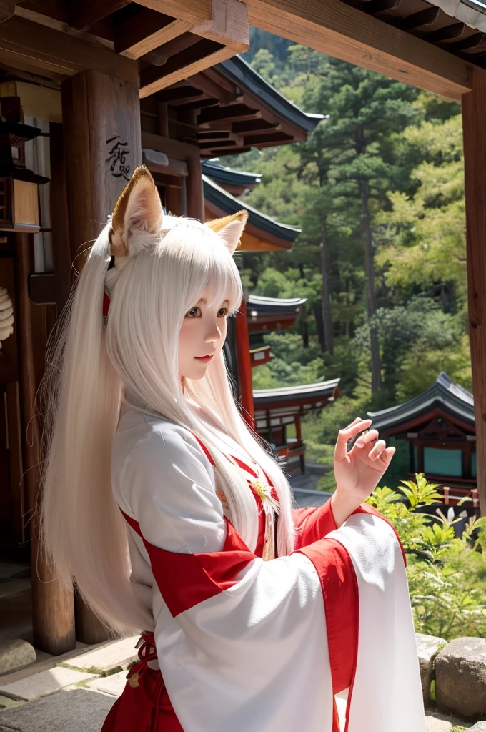 Fox Spirit Nine Tailed Fox Girl。The upper body is naked、Small。The head has big fluffy ears。Appears at a shrine in the mountains。
