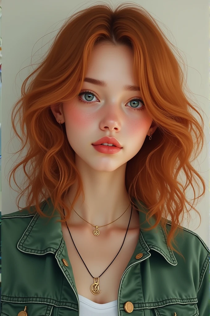 a twenty-two year old woman, very beautiful, fine and delicate strokes, pale lele, clear blue eyes like a summer sky, wears a green denim jacket, has a melancholic look but a beautiful smile, her hair is wavy pale red down to her waist