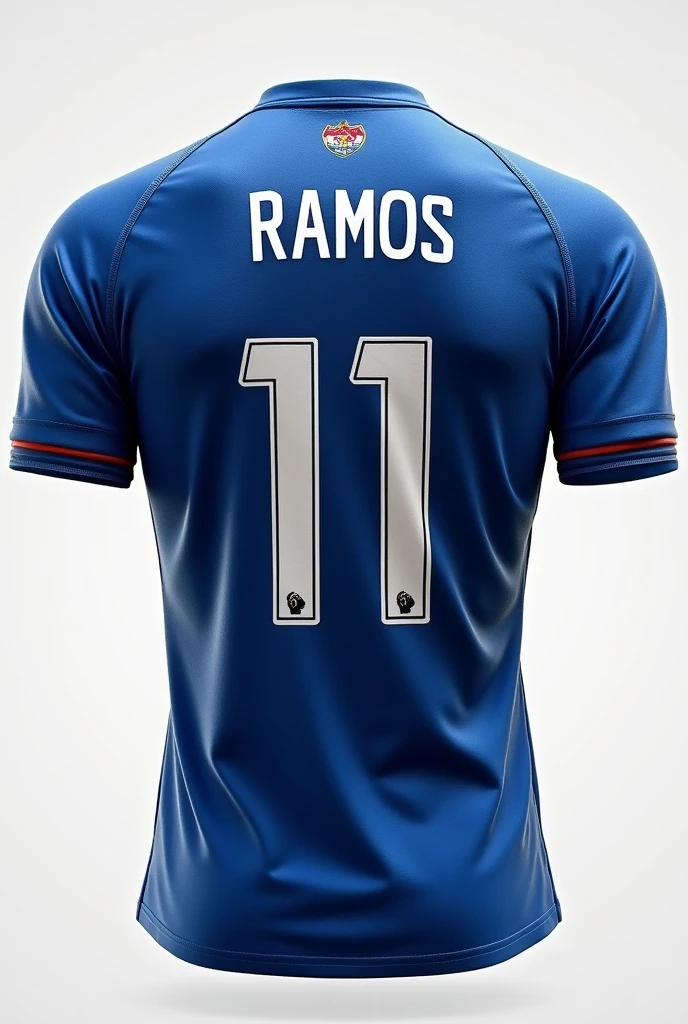 make a blue and white football shirt with an e on the back with the number 11 and ramos written on it