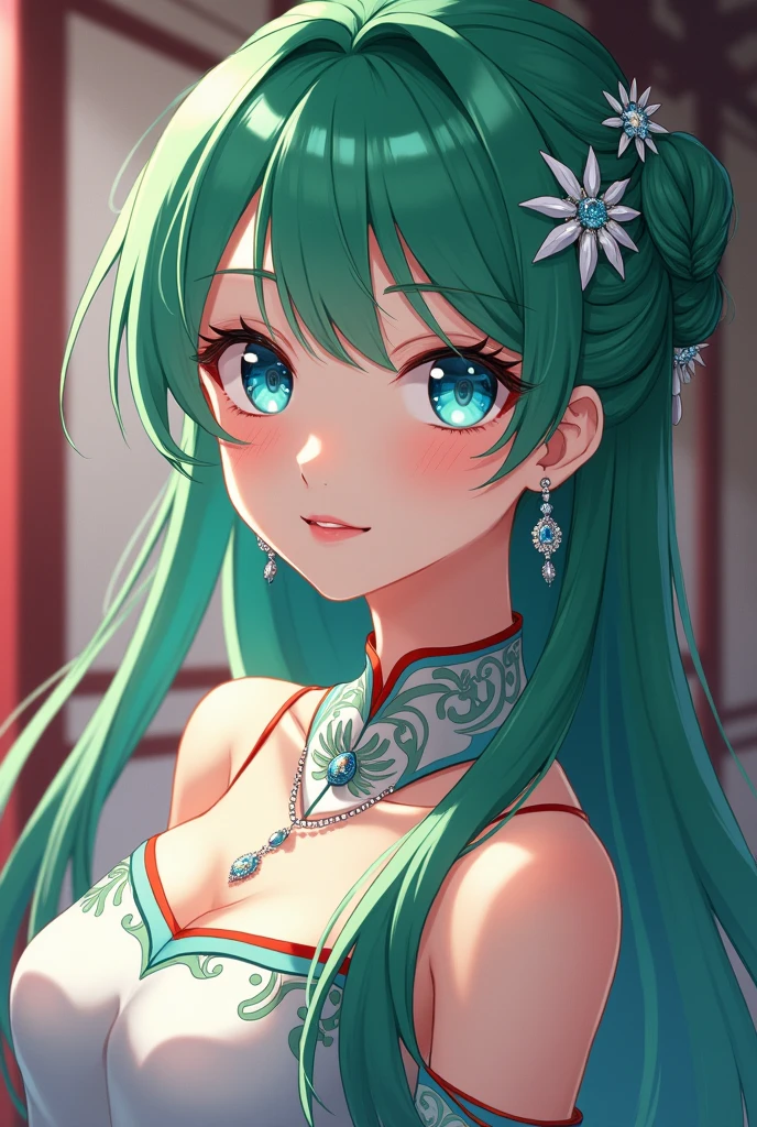 Highest quality (8k, High resolution, masterpiece: 1.2), Very detailed, Anime art style, Dynamic Angle, Teen Style, (China dress, Exposed shoulders, Earrings, indoor,), Detailed green hair, Detailed blue eyes, Complicated hairstyle, Long Hair , The body is slim, Sparkling eyes, like々Shii, hair accessory, Earrings, Half Up, Slightly blunt bangs, Detailed lighting, Bright colors, Looking at the audience, Center the image, Cowboy Shot,