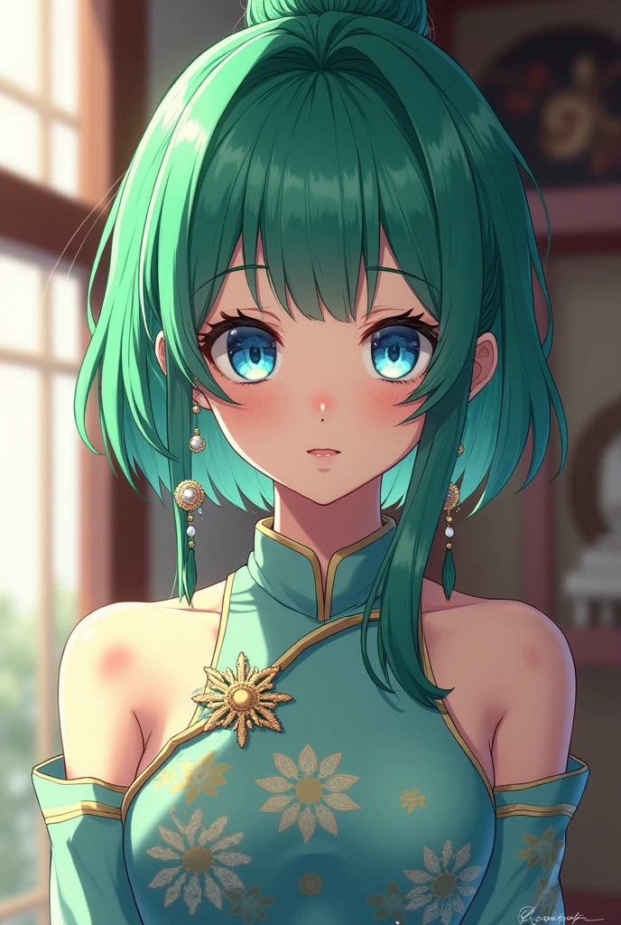 Highest quality (8k, High resolution, masterpiece: 1.2), Very detailed, Anime art style, Dynamic Angle, Teen Style, (China dress, Exposed shoulders, Earrings, indoor,), Detailed green hair, Detailed blue eyes, Complicated hairstyle, Long Hair , The body is slim, Sparkling eyes, like々Shii, hair accessory, Earrings, Half Up, Slightly blunt bangs, Detailed lighting, Bright colors, Looking at the audience, Center the image, Cowboy Shot,