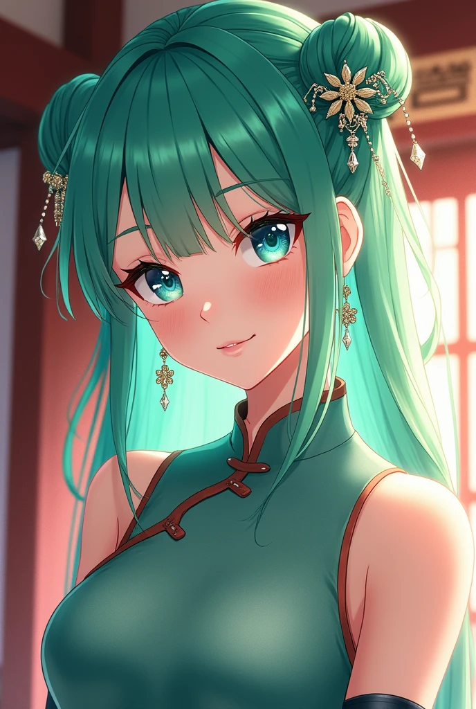 Highest quality (8k, High resolution, masterpiece: 1.2), Very detailed, Anime art style, Dynamic Angle,  Style, (China dress, Exposed shoulders, Earrings, indoor,), Detailed green hair, Detailed blue eyes, Complicated hairstyle, Long Hair , The body is slim, Sparkling eyes, like々Shii, hair accessory, Earrings, Half Up, Slightly blunt bangs, Detailed lighting, Bright colors, Looking at the audience, Center the image, Cowboy Shot,